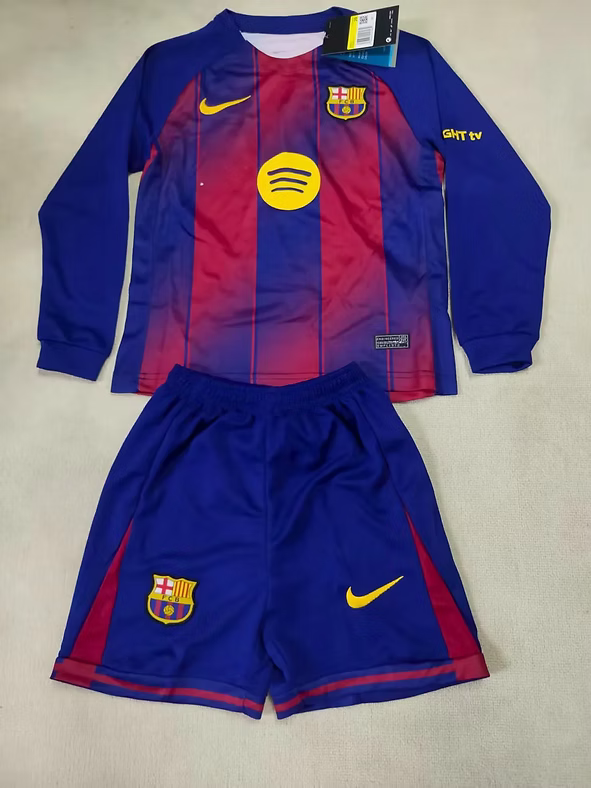 Barça Home 25/26 Long Sleeve Kids Kit (Includes Shorts)